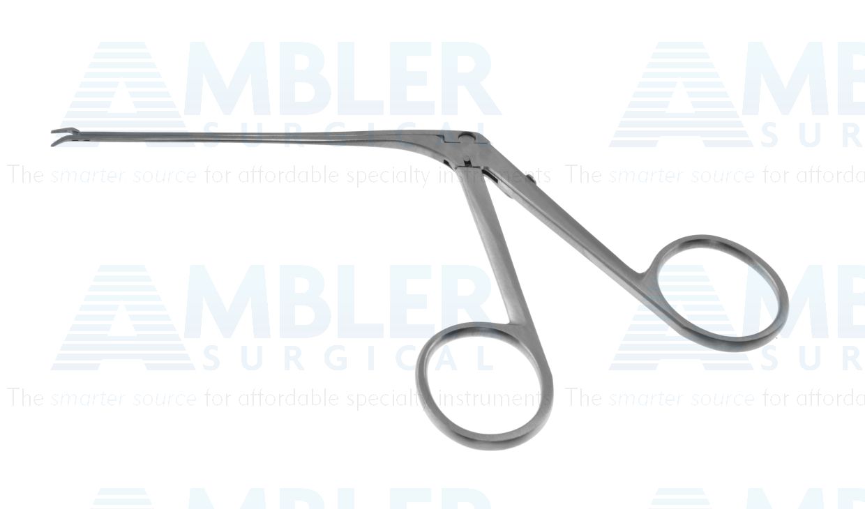 House miniature forceps, 5 1/2'',working length 75.0mm, angled down, 4.0mm fine serrated jaws, ring handle