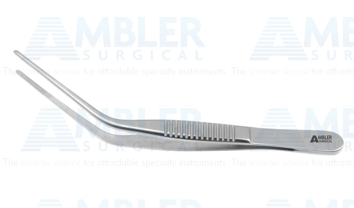Blake ear dressing forceps, 3 1/4'',angled shafts, very delicate, straight, 1.5mm x 10.0mm serrated jaws, flat handle