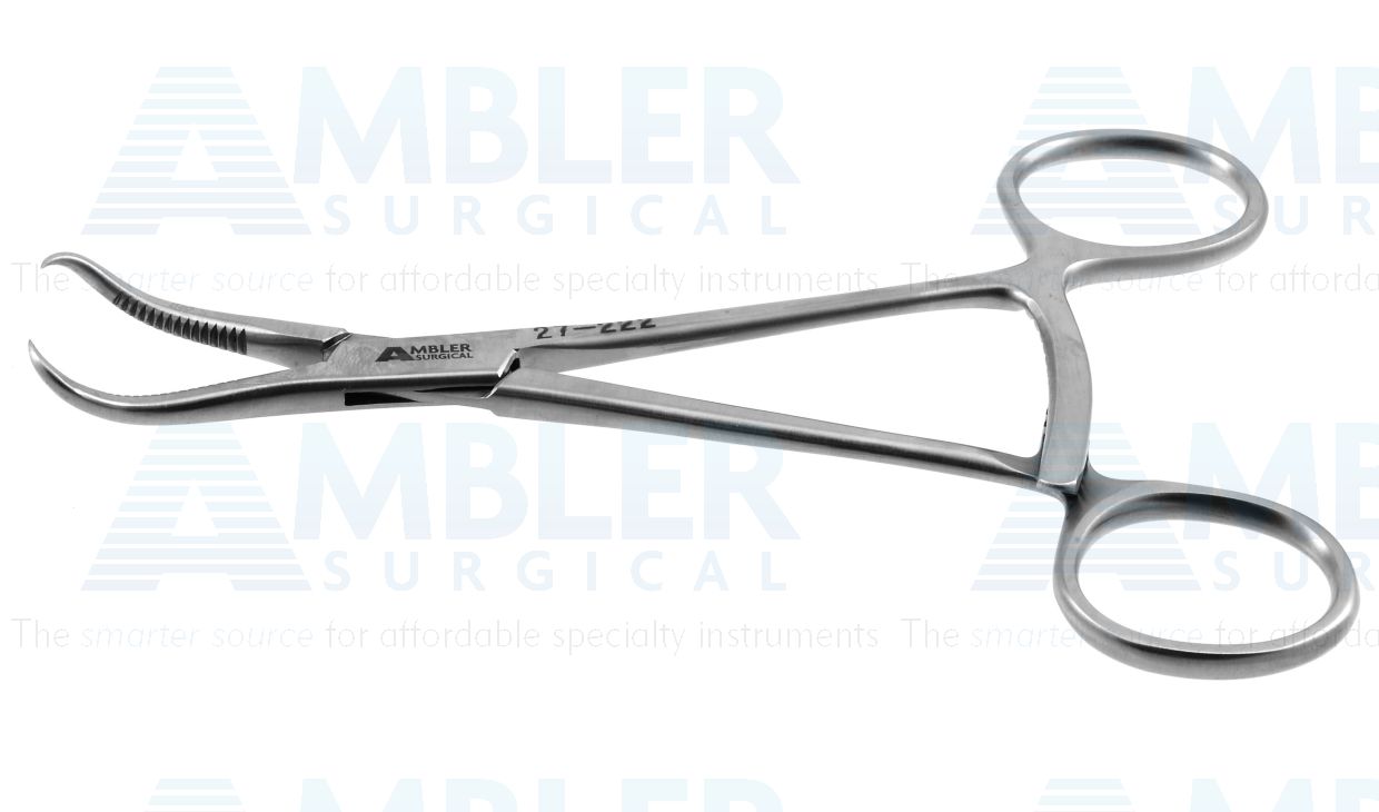 Bone reduction forceps, 5 1/2'',curved, long serrated jaws, pointed tips, ring handle