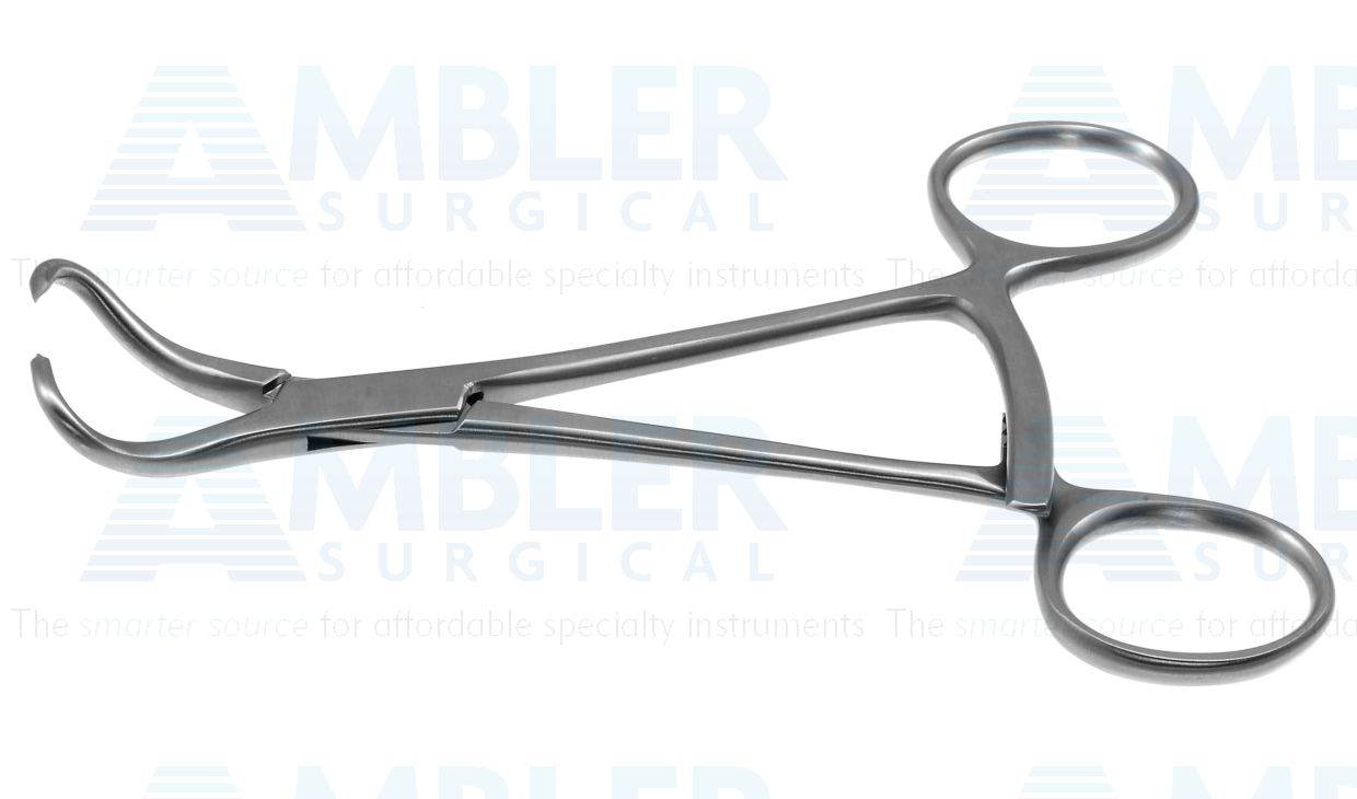 Bone reduction forceps, 5 1/4'',curved, one tip with stepped point, ring handle