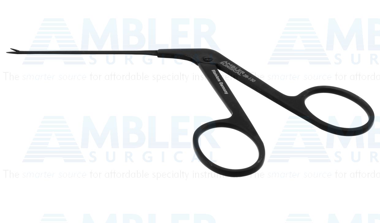 Ambler ear forceps, 5 1/4'',working length 70.0mm, very delicate, straight, 3.0mm serrated jaws, ring handle, ebonized finish for reduced glare