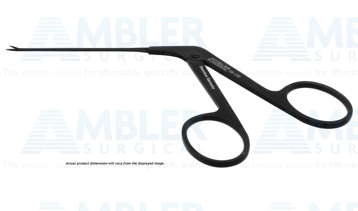 Ambler ear forceps, 5 1/4'',working length 70.0mm, very delicate, straight, 4.0mm serrated jaws, ring handle, ebonized finish for reduced glare