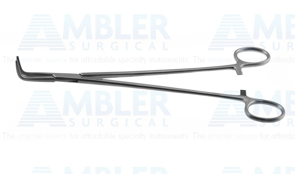 Coller hemostatic forceps, 9 1/2'',angled 90º, serrated jaws, ring handle