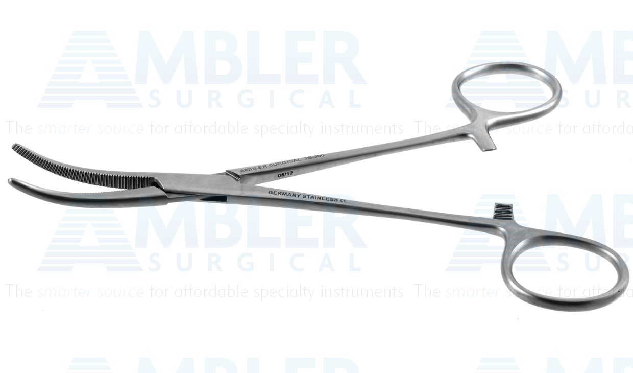 Crile hemostatic forceps, 6 1/4'',curved, serrated jaws, ring handle