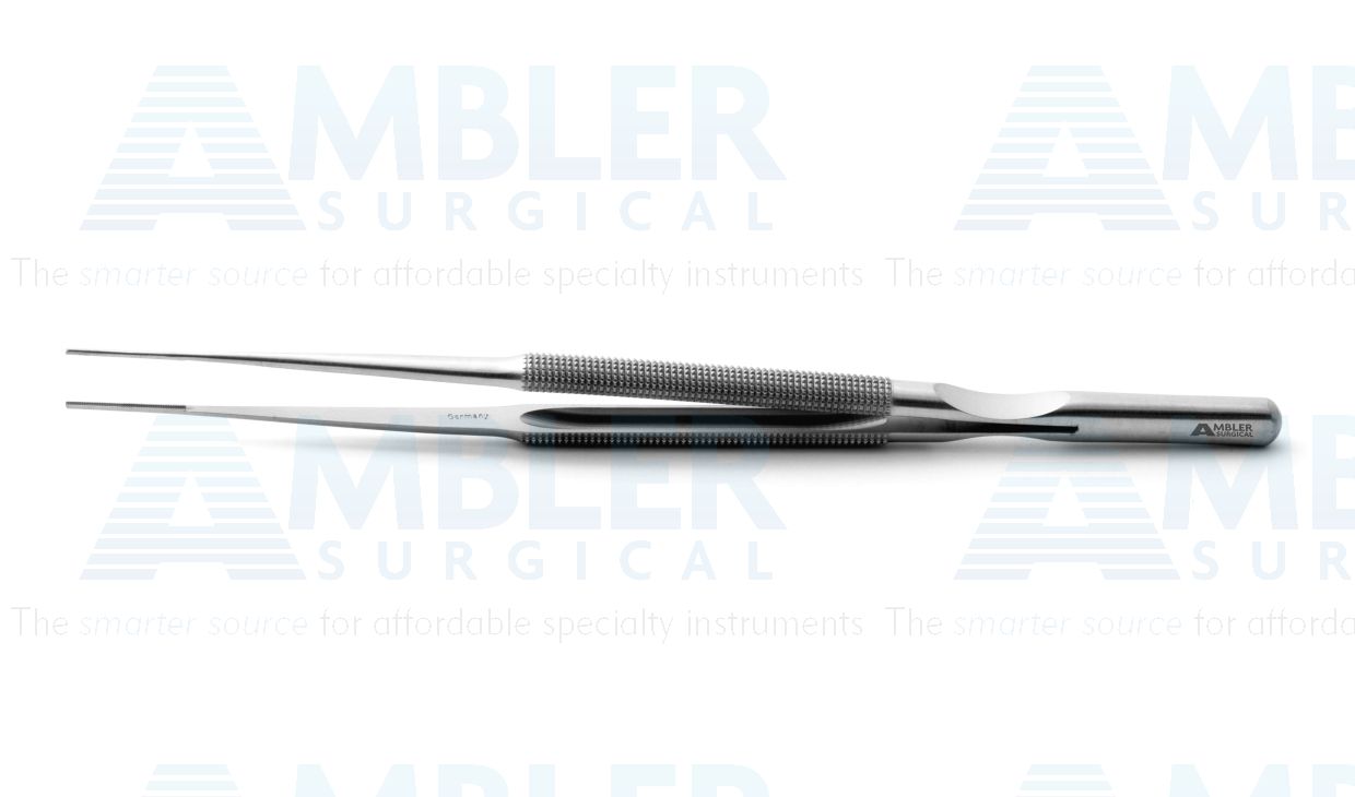 DeBakey microsurgical tissue forceps, 7'',straight, 1.0mm atraumatic tips, round counterweight handle