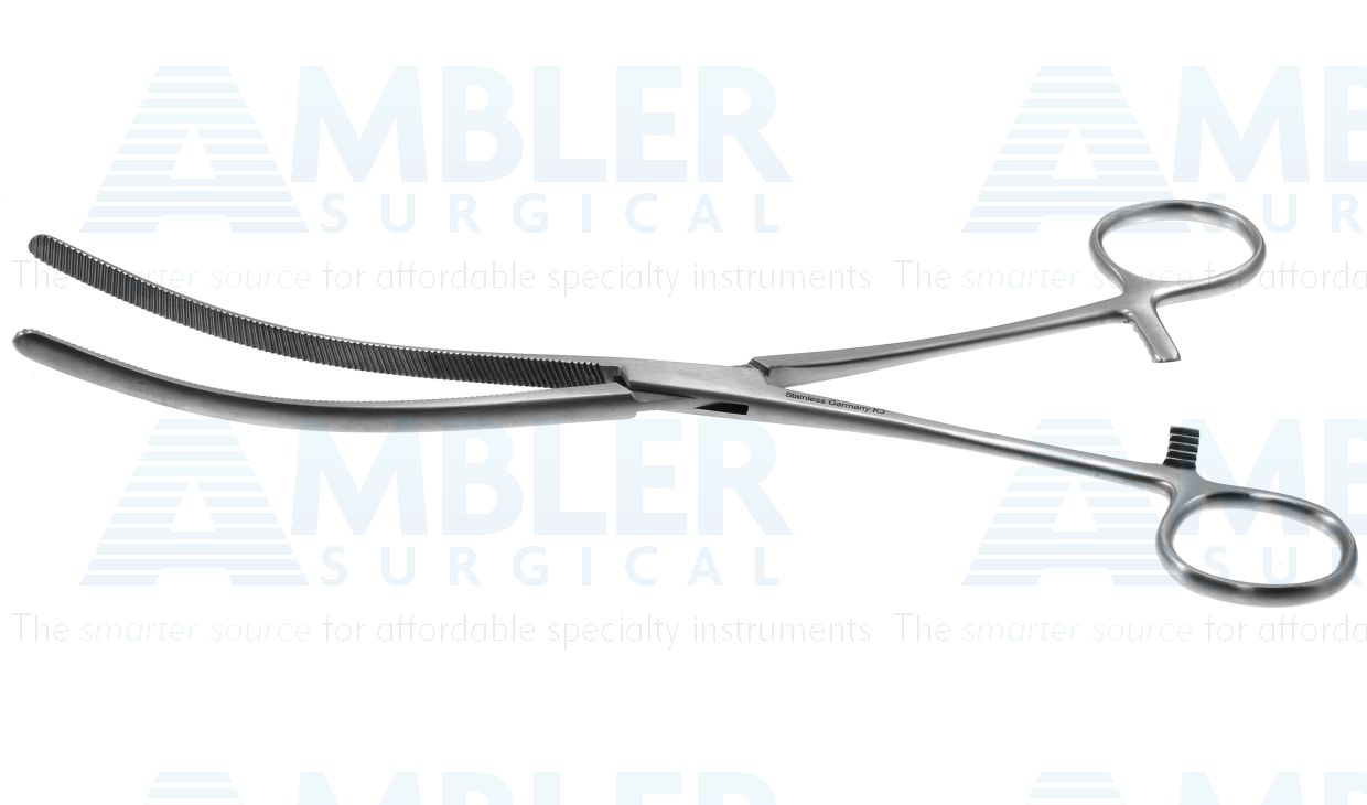 Doyen intestinal forceps, 9'',curved, serrated jaws, ring handle