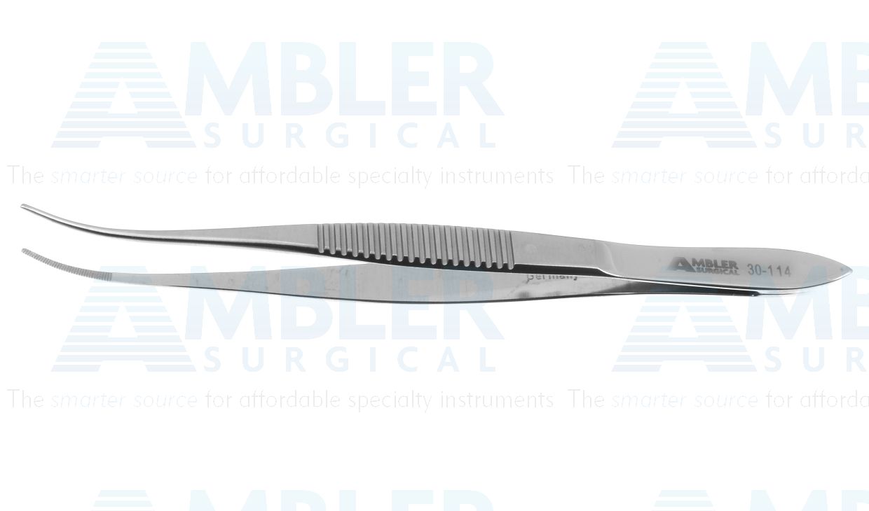 Dressing forceps, 3 7/8'',heavy, gently curved, 12.0mm serrated tips, flat handle