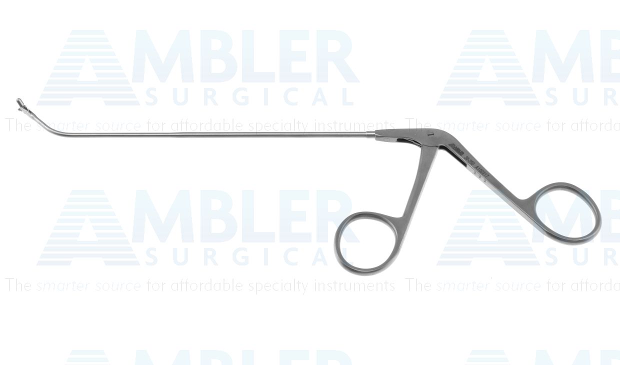 Frontal sinus recess giraffe forceps, working length 125mm, curved up 45º, double-action, 2.0mm horizontal cup jaws, ring handle