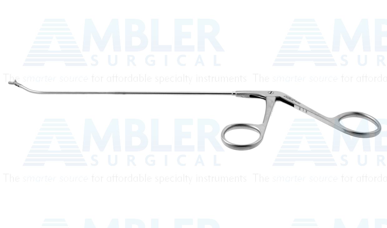 Frontal sinus recess giraffe forceps, working length 125mm, curved up 45º, double-action, 2.0mm vertical cup jaws, ring handle