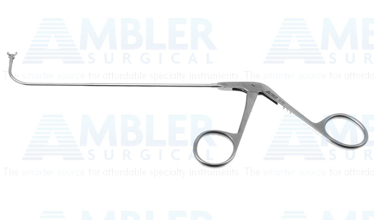 Frontal sinus recess giraffe forceps, working length 125mm, curved up 90º, double-action, 2.0mm vertical cup jaws, ring handle