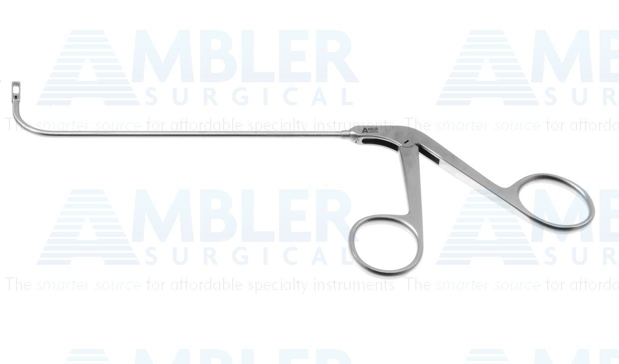 Frontal sinus recess giraffe forceps, working length 130mm, curved up 90º, single-action, 2.0mm horizontal thru-cutting cup jaws, ring handle