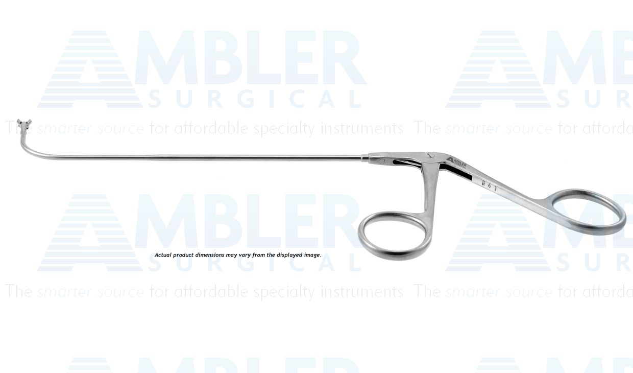 Frontal sinus recess giraffe forceps, working length 170mm, curved up 90º, double-action, 2.0mm vertical cup jaws, ring handle