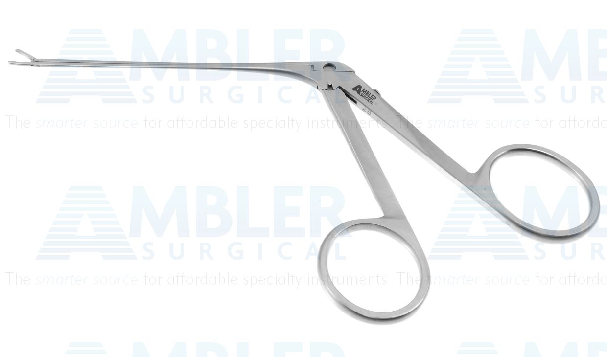 Greven ear forceps, 5 1/4'',working length 73.0mm, 5.0mm jaws, 2.5mm of tips serrated and touching, opening behind tip, ring handle