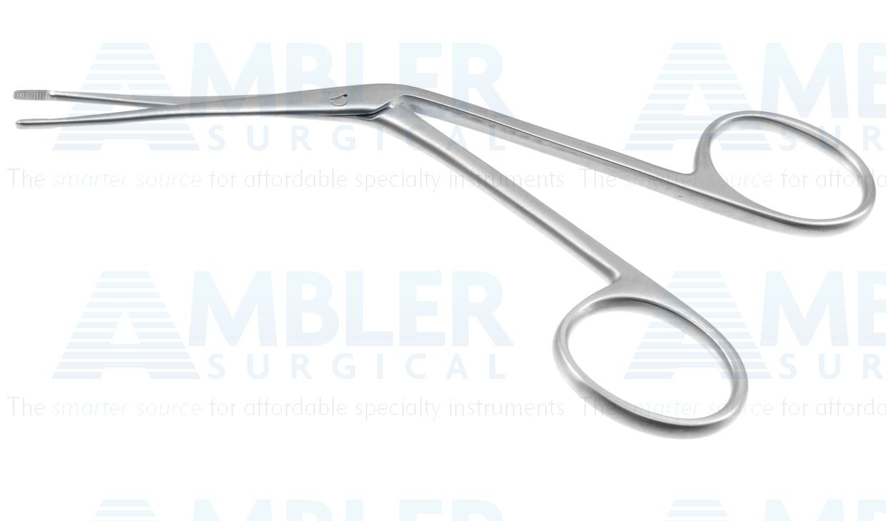 Hartman ear dressing forceps, 5 1/2'',working length 50mm, delicate, straight, 2.0mm x 6.0mm serrated tips, ring handle