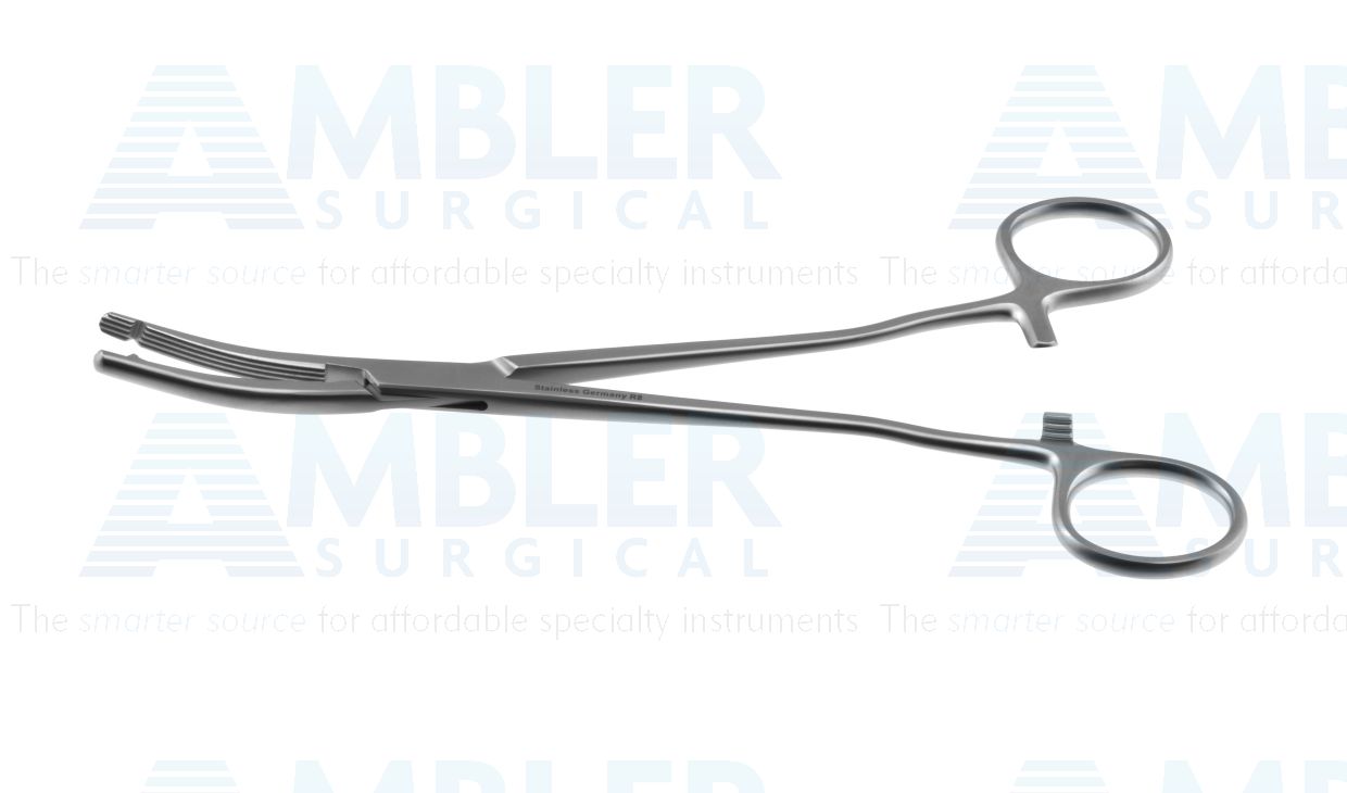 Heaney-Ballentine hysterectomy forceps, 8 1/4'',curved, longitudinal serrated, single-toothed jaws, ring handle