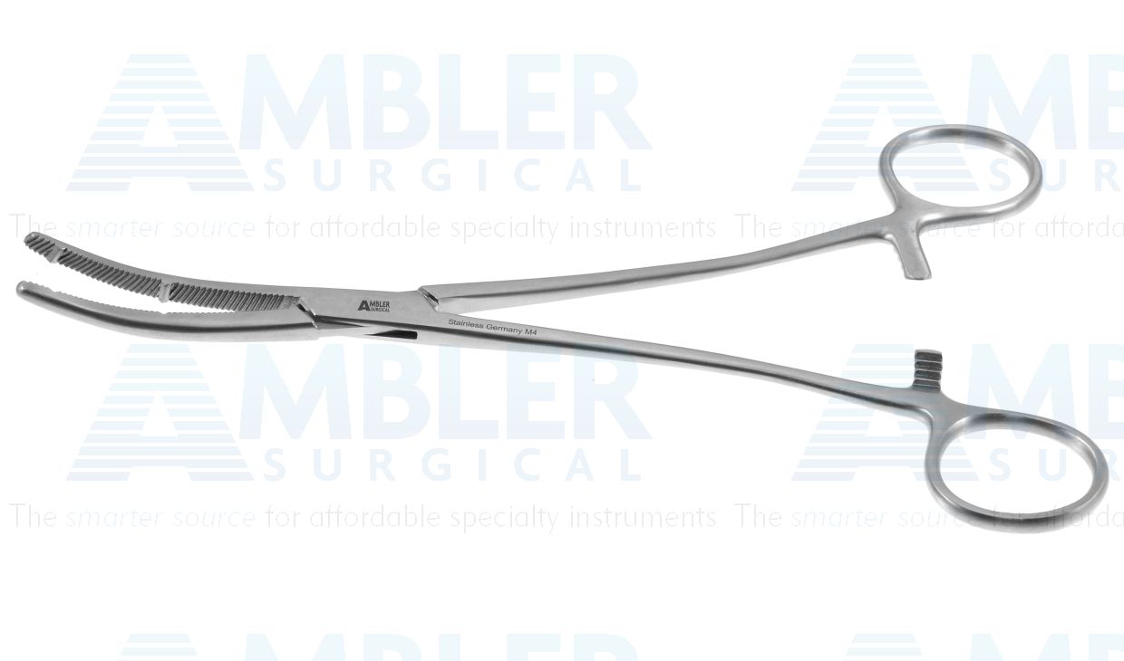 Heaney-Rezek hysterectomy forceps, 8 1/4'',curved, serrated, double-toothed jaws, ring handle