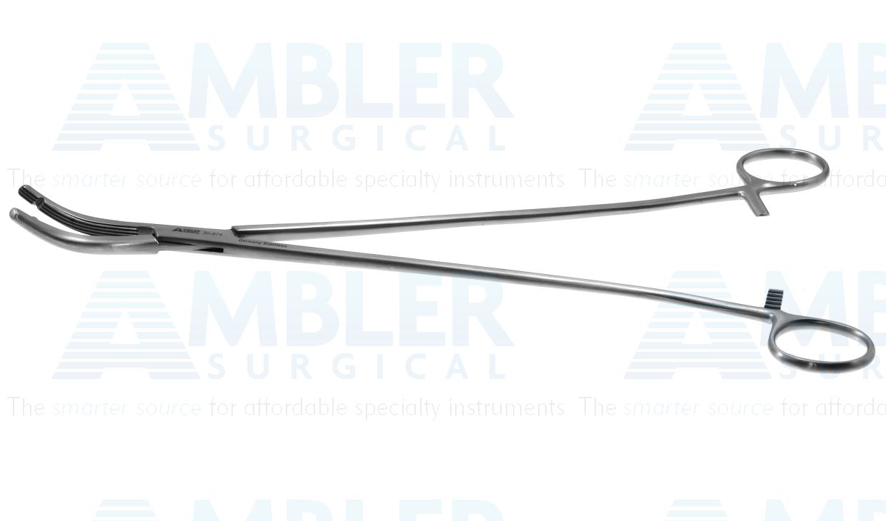 Heaney-Ballentine hysterectomy forceps, 12'',curved, longitudinal serrated, single-toothed jaws, ring handle