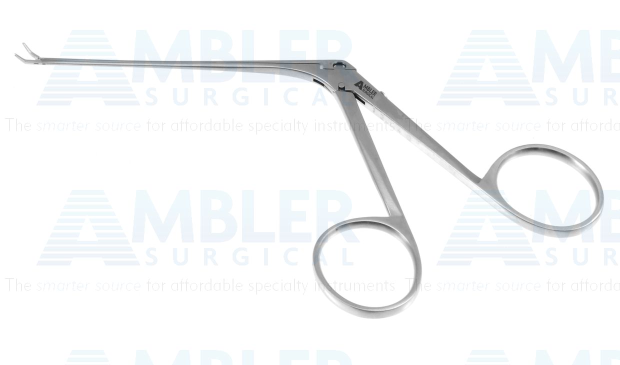 Hough partial stapedectomy forceps, 5 1/4'',working length 75.0mm, angled left 45º, 5.0mm serrated jaws, 3.0mm blades, ring handle