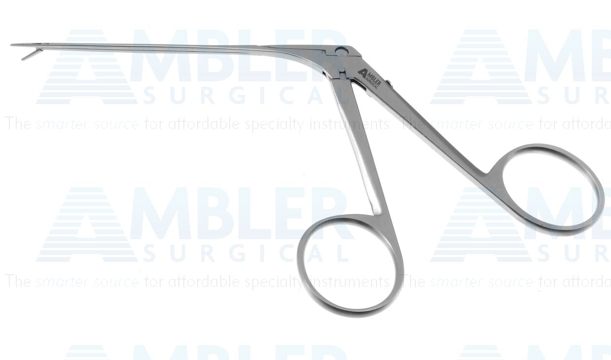 House alligator ear forceps, 5 1/8'',working length 73.0mm, side opening to right, 6.0mm serrated jaws, ring handle