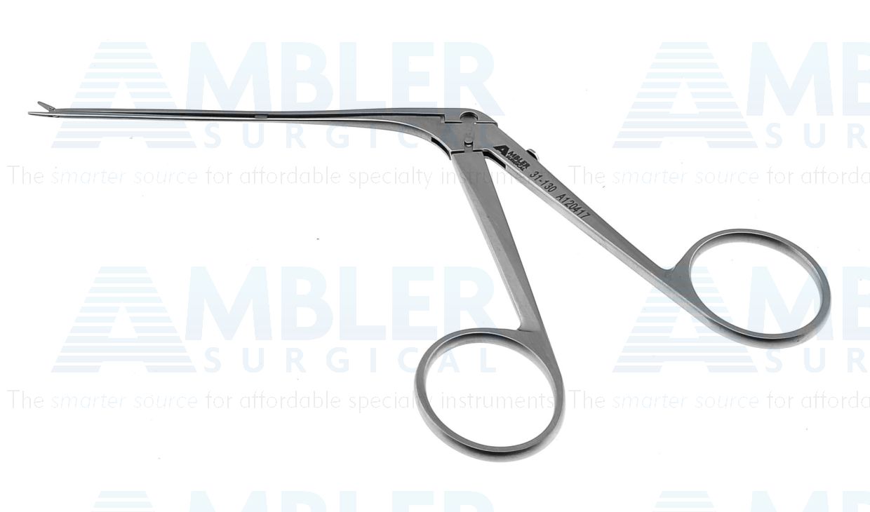 House miniature forceps, 5 1/4'',working length 73.0mm, very delicate, straight, 3.0mm fine serrated jaws, ring handle