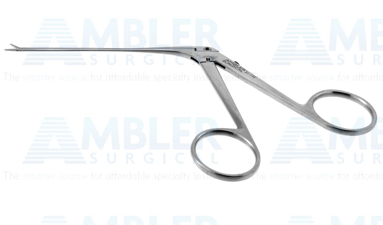 House miniature forceps, 5 1/4'',working length 73.0mm, very delicate, straight, 4.0mm fine serrated jaws, ring handle