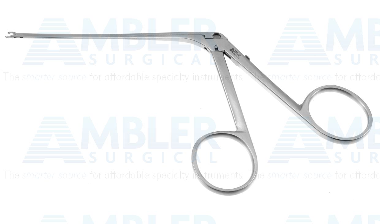 House-Wullstein forceps, 5 1/8'',working length 79.0mm, angled 15º right, delicate 4.0mm oval cup jaws, ring handle