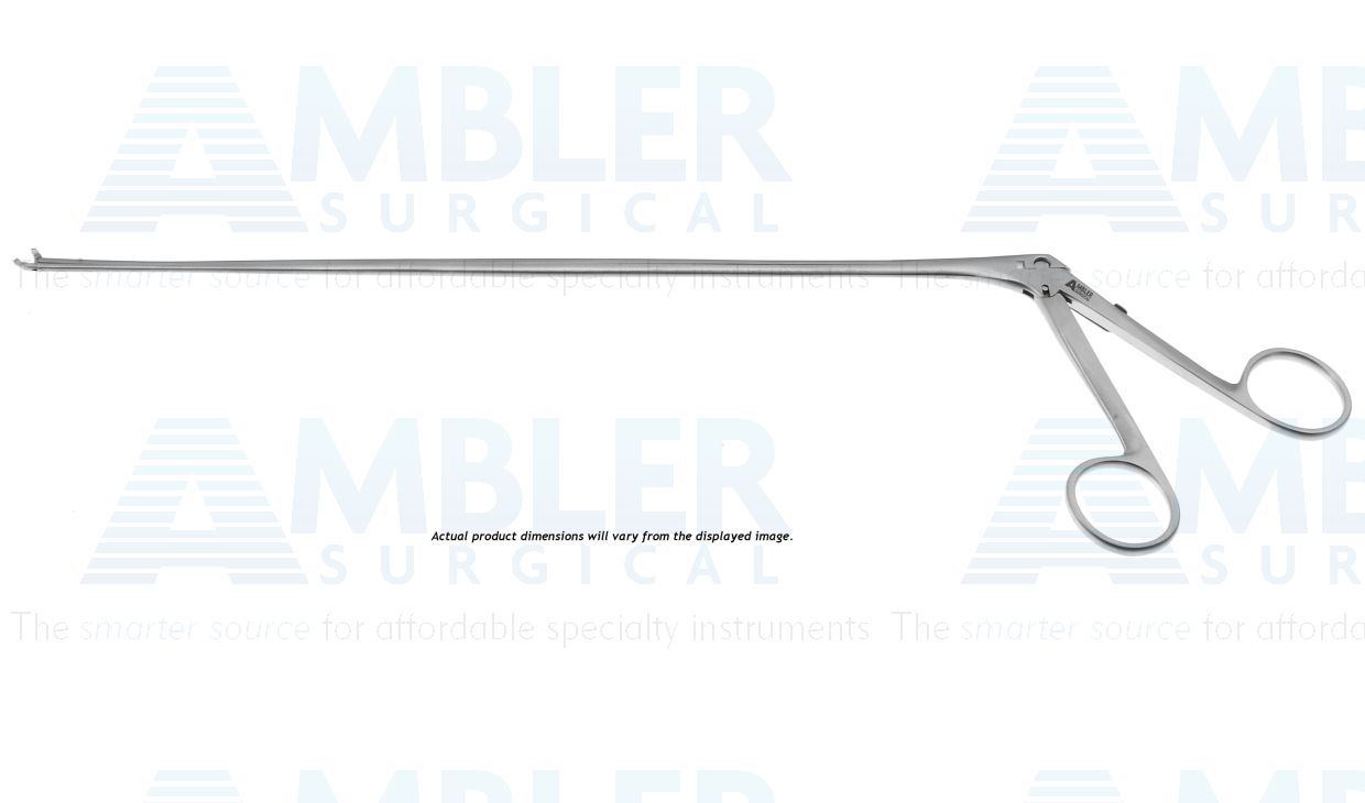 Jackson laryngeal cup forceps, working length 280mm, angled up, 4.0mm cup jaws, used through Jackson scopes, ring handle