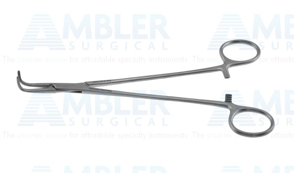 Meeker artery forceps, 7'',right angled, serrated jaws, ring handle