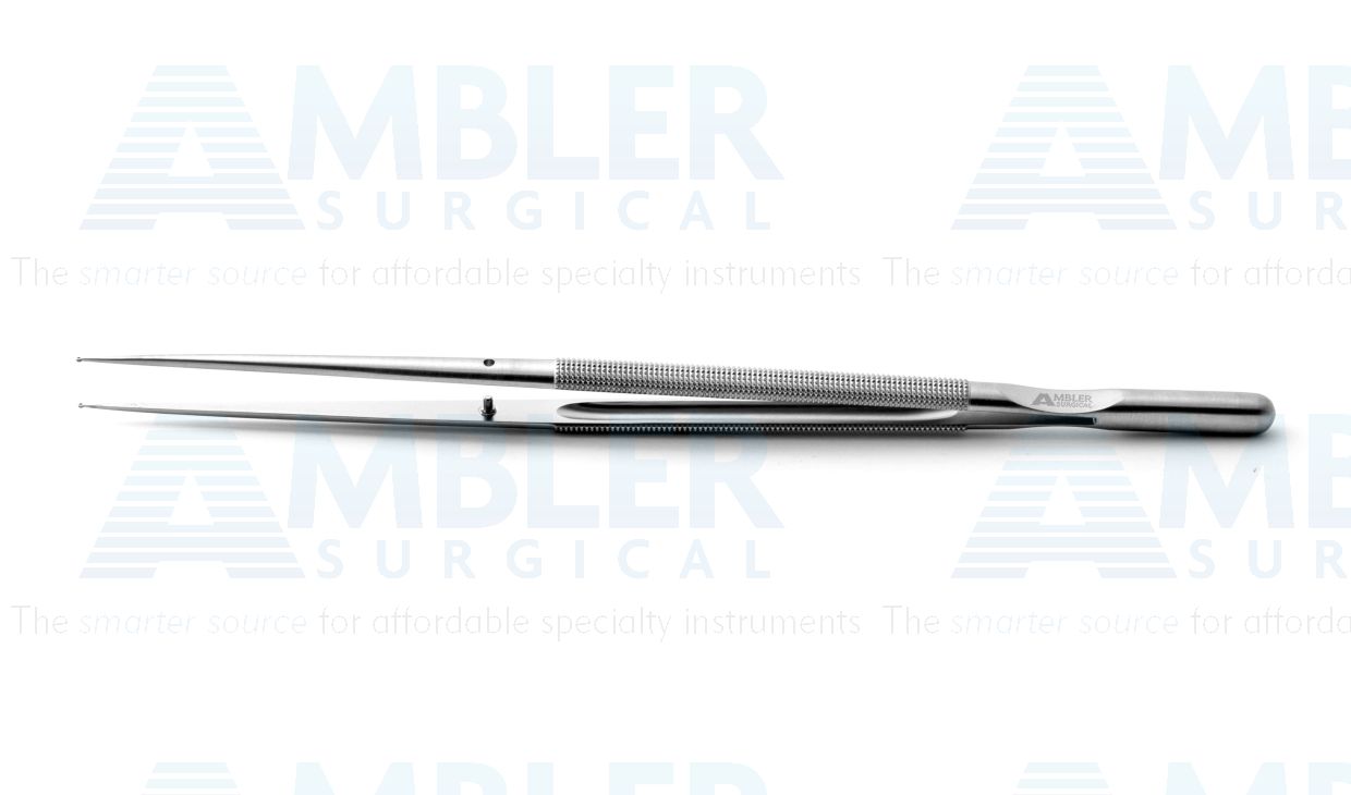 Microsurgical forceps, 9'',straight, 1.0mm TC dusted micro-ring tips with tying platform, round counterweight handle 