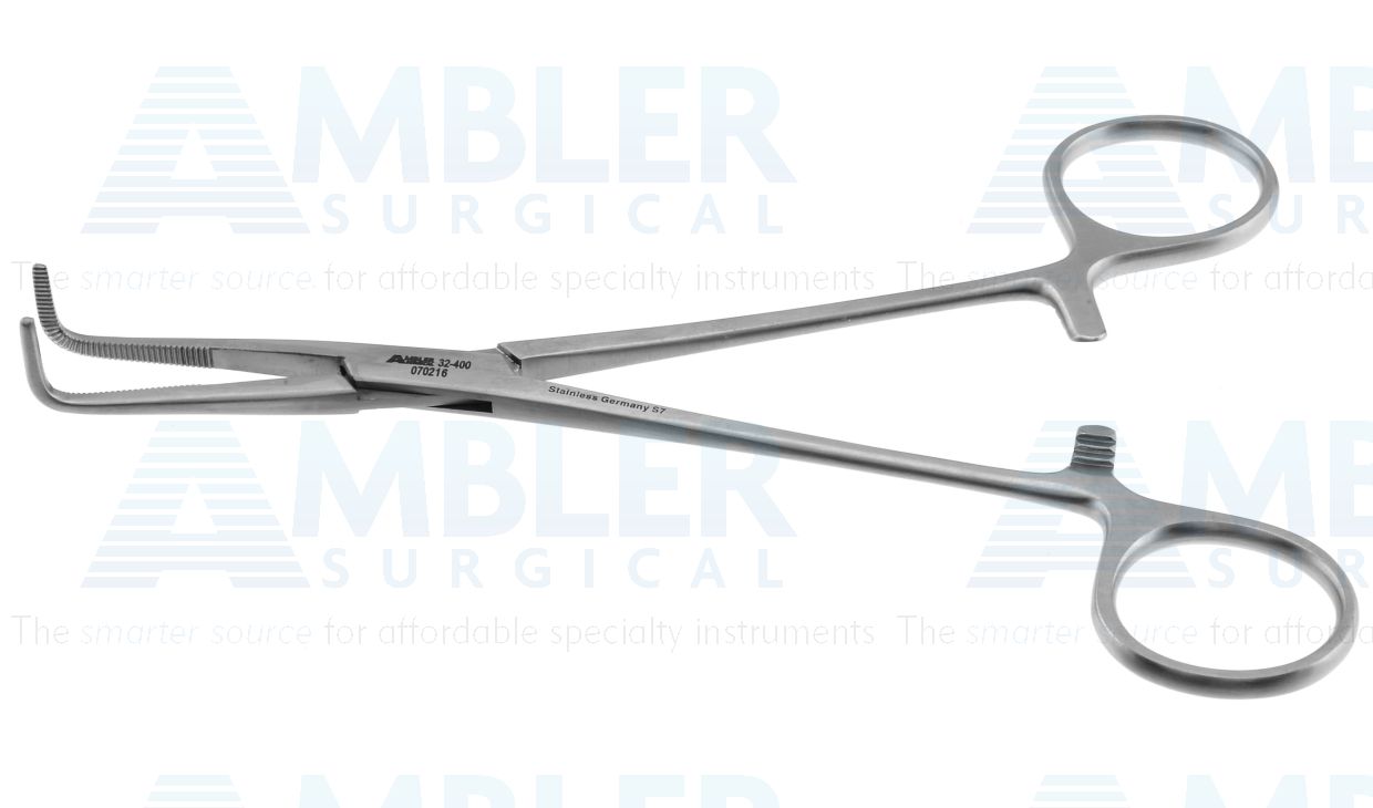Kantrowitz thoracic clamp forceps, 6 1/4'',delicate, right angled, serrated jaws, ring handle