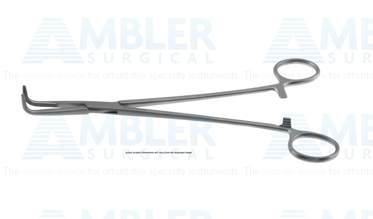 Mixter forceps, 12 1/2'',right angled, longitudinal serrated jaws,  cross-serrated tips, ring handle | Ambler Surgical