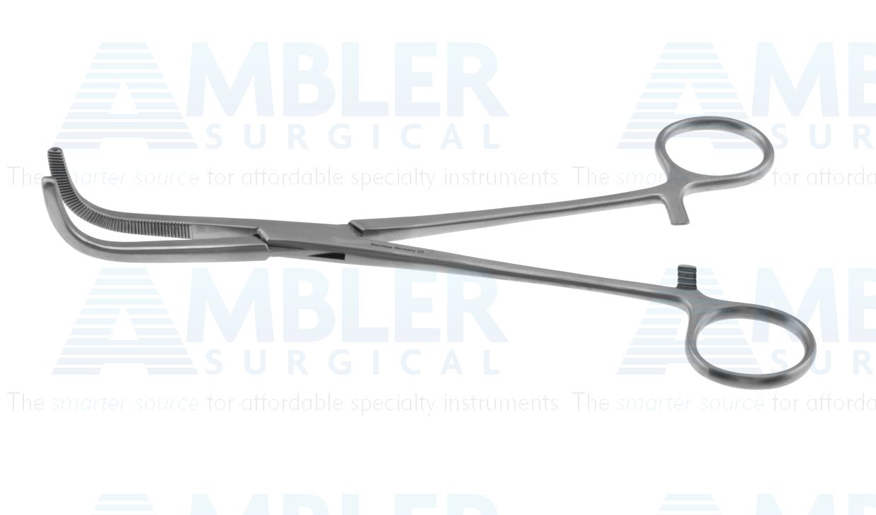 O'Shaugnessy artery forceps, 8'',fully curved, serrated jaws, ring handle