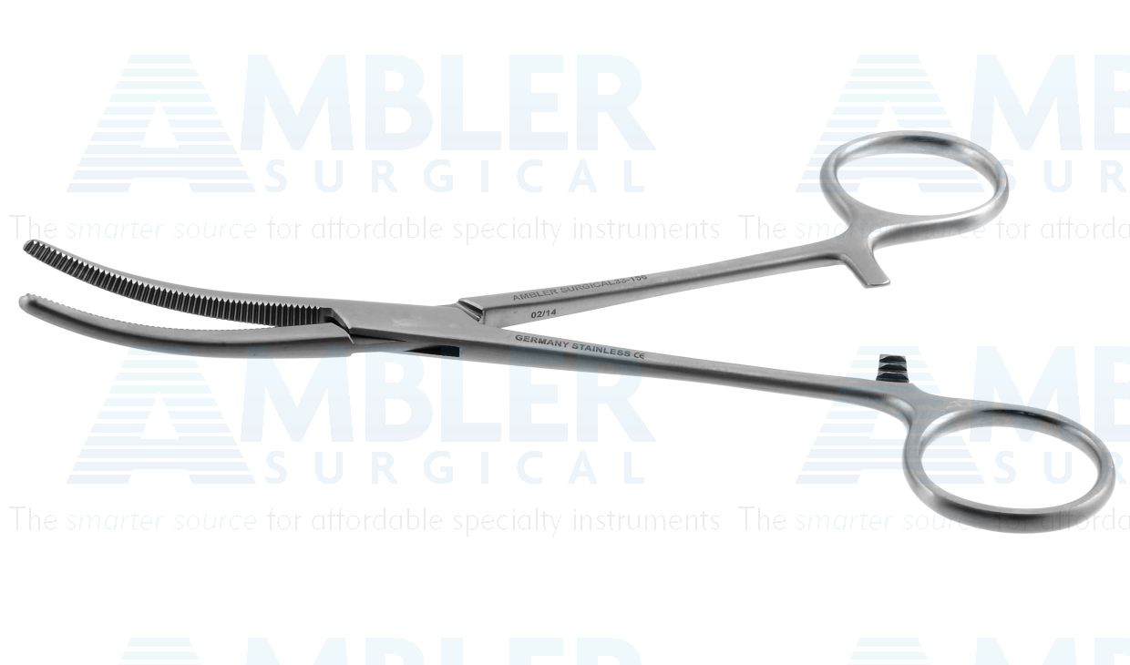 Rochester-Pean hemostatic artery forceps, 6 1/2'',curved, serrated jaws, ring handle