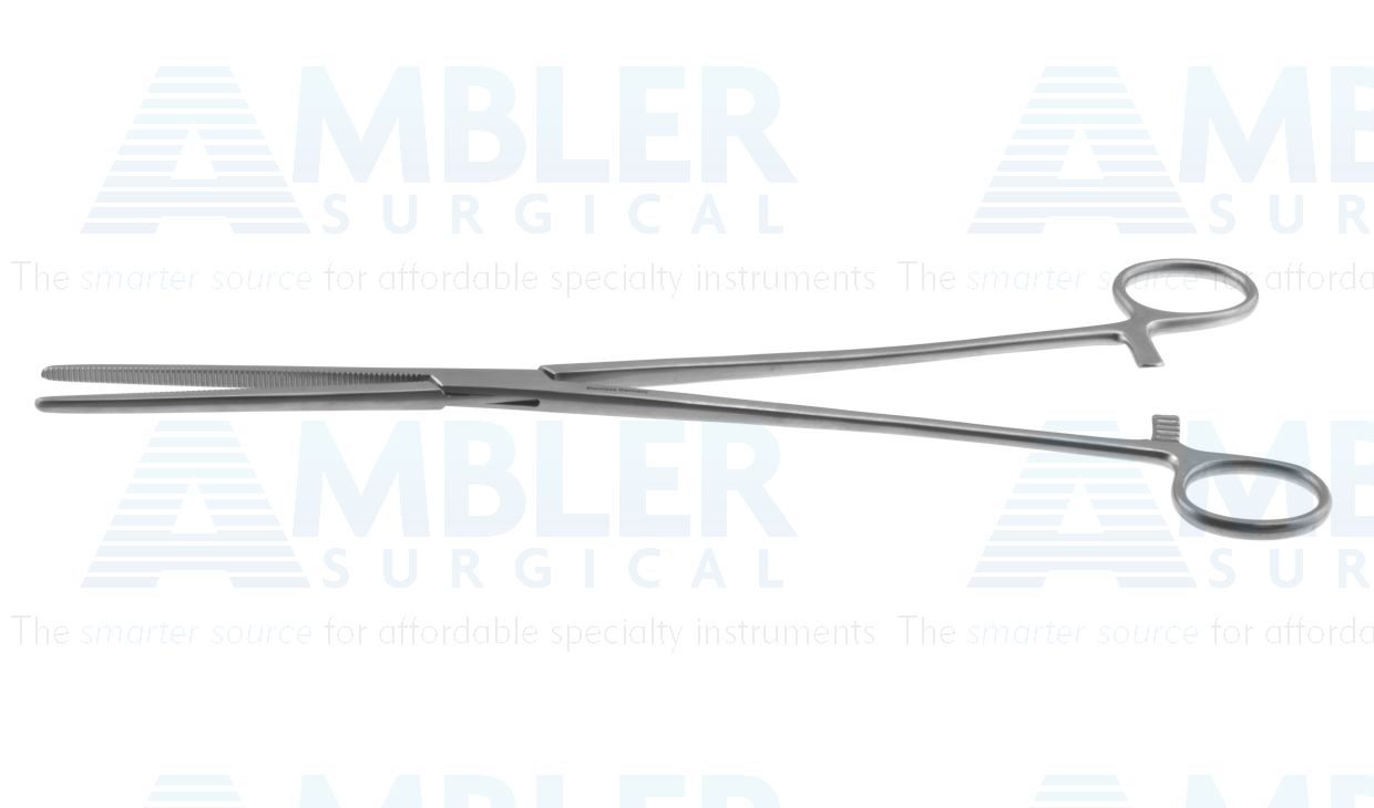 Rochester-Pean hemostatic artery forceps, 12'',straight, serrated jaws, ring handle