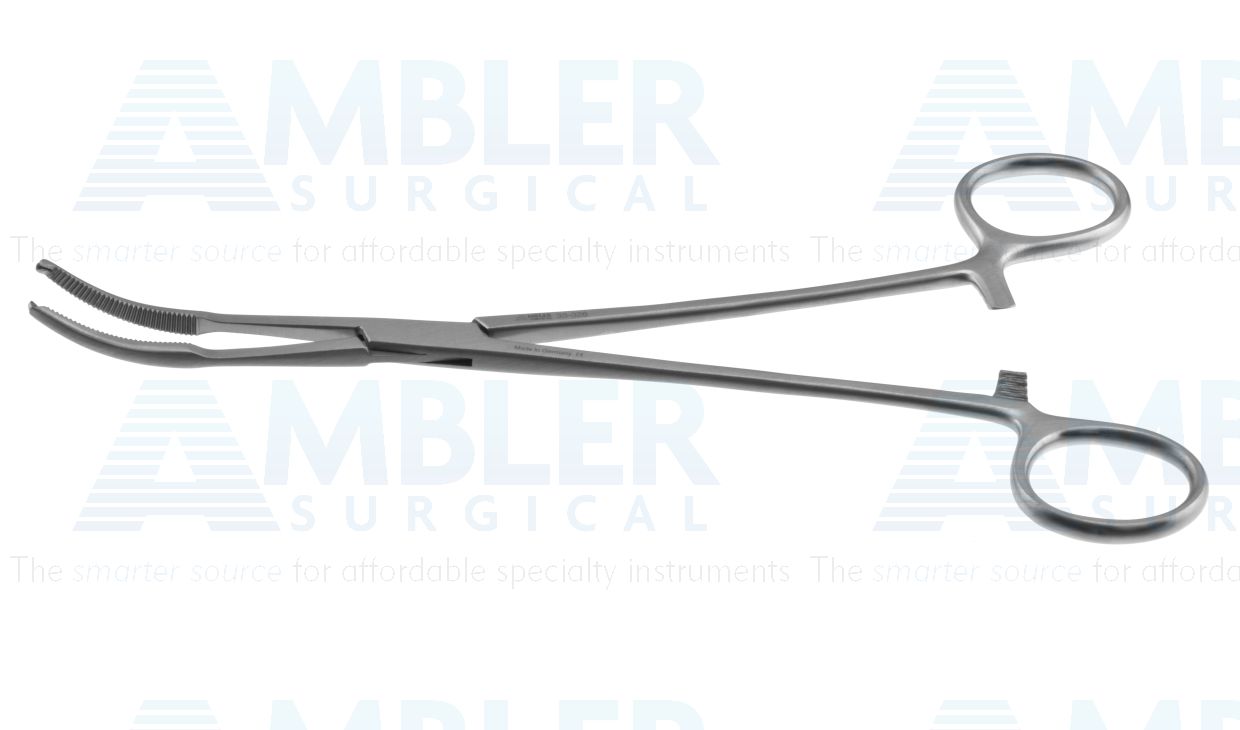 Mikulicz tonsil artery forceps, 8'', curved, 1x2 teeth, serrated jaws, ring handle