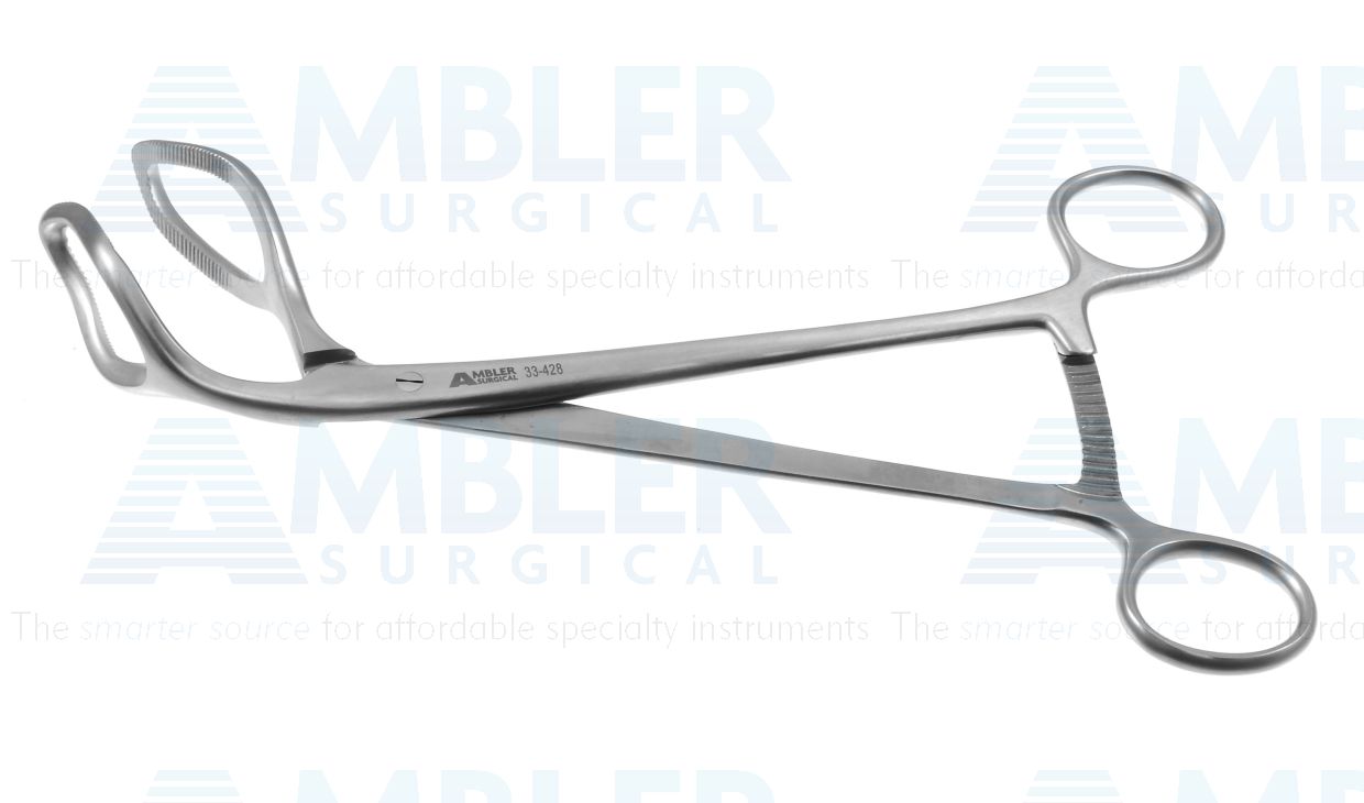 Somers uterine elevating forceps, 9'',curved, fenestrated serrated jaws, ring handle