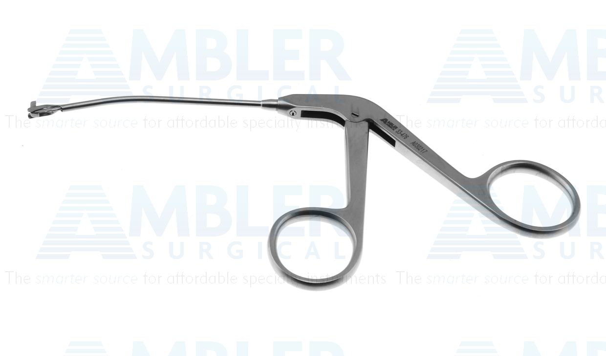 Wilde-type backbitting micro punch forceps, working length 80mm, curved down, 2.0mm diameter bite, ring handle