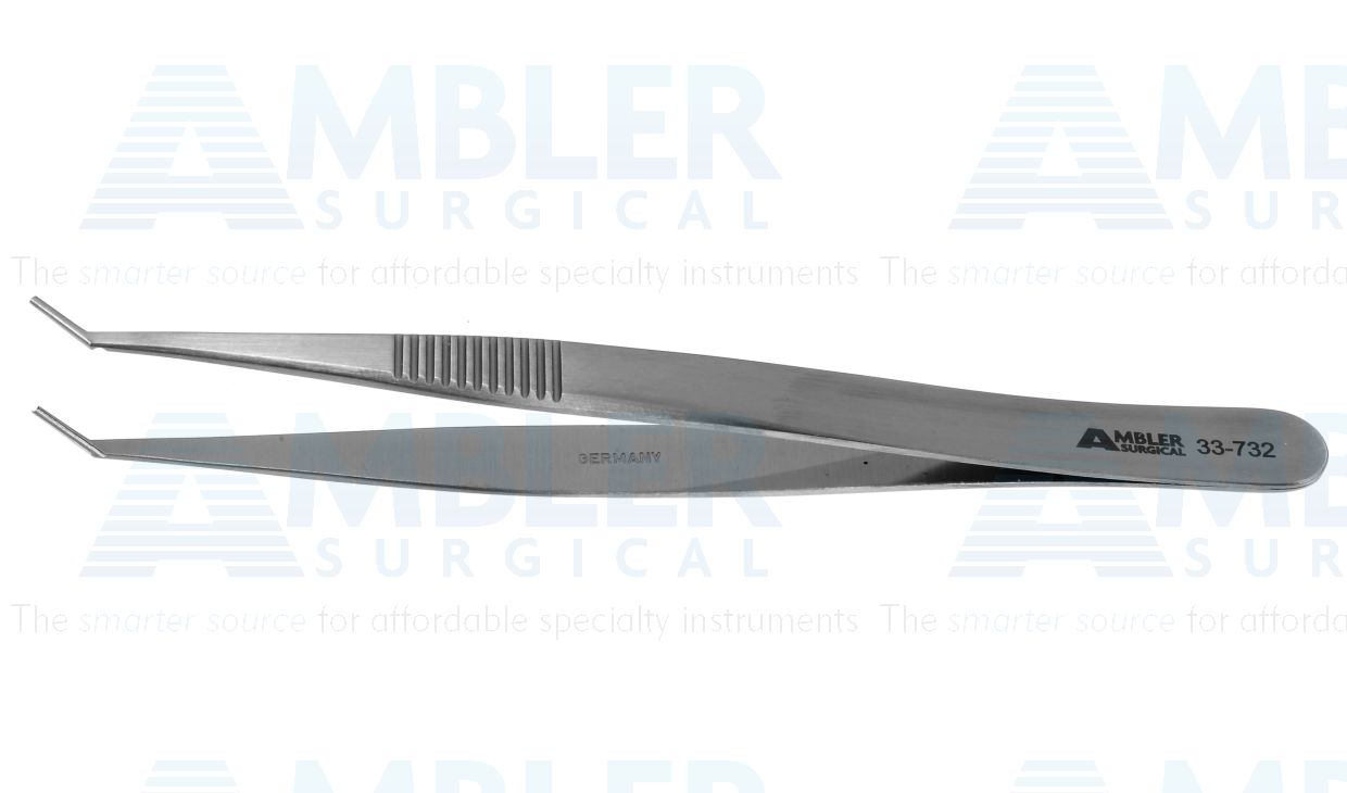 Tubing introducer forceps, 4 3/8'', angled 45º jaws, accommodates tubing 0.5-1.0mm in diameter, flat handle