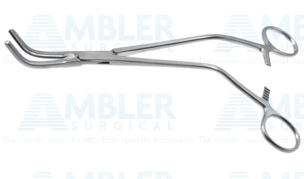 Z-Type hysterectomy (Parametrium) clamp forceps, 9 1/2'',angled, serrated jaws, offset ring handle