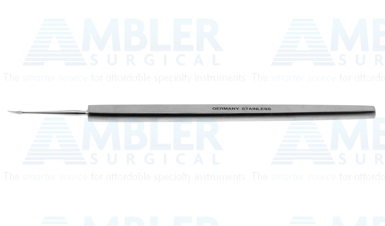 Walter foreign body spud, 4 3/4'',straight shaft with gently curved 2.0mm lance-shaped tip, flat handle
