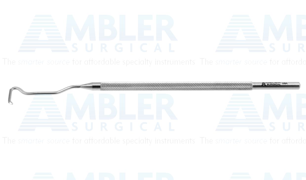 Suh strabismus muscle hook, 5'', for use in the right hand, angled 30º offset 7.0mm shaft, 0.55mm wide grooved track, semi-sharp dissecting tip, round handle