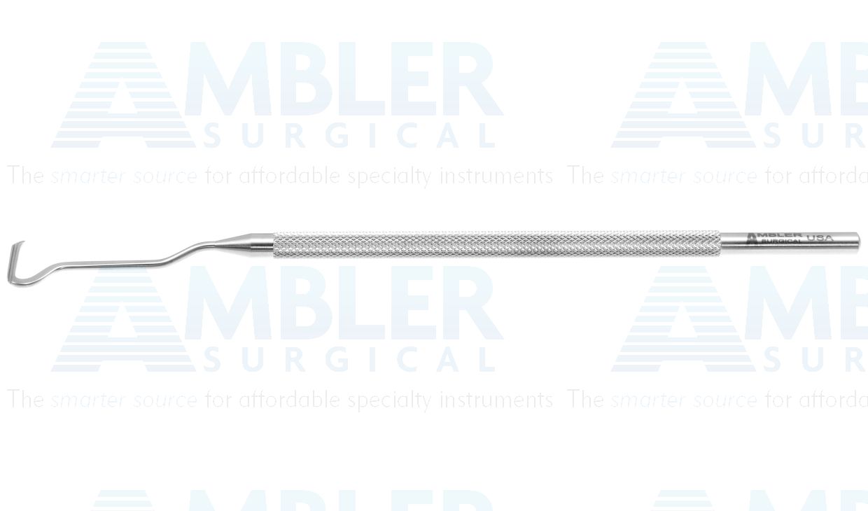 Suh strabismus muscle hook, 5'', for use in the left hand, angled 30º offset 7.0mm shaft, 0.55mm wide grooved track, semi-sharp dissecting tip, round handle