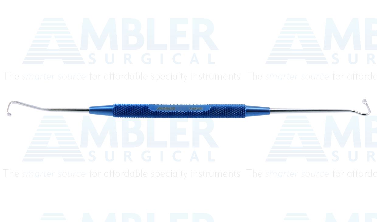 Ambler double-ended hook, 6'',10.0mm Jameson muscle hook, 8.0mm Green strabismus hook, round handle