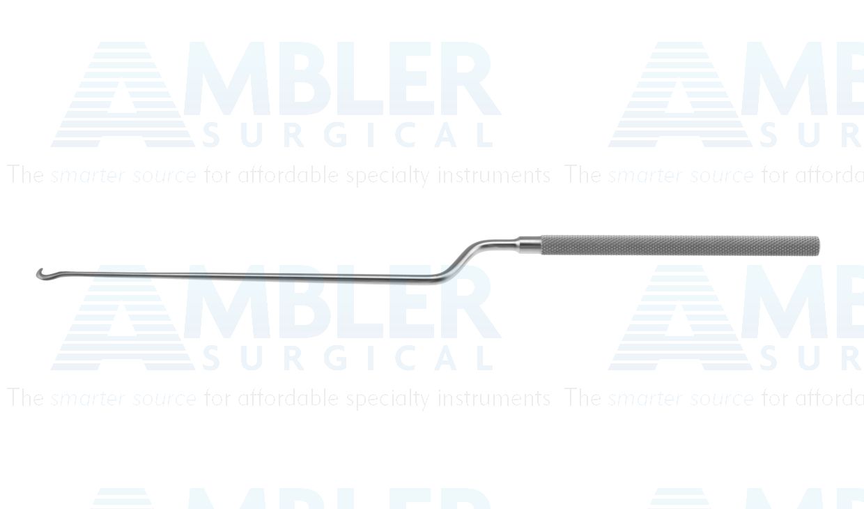 Hardy enucleator, 9 1/2'',bayonet shaft, working length 120mm, curved right, micro 2.4mm wide blade, round handle