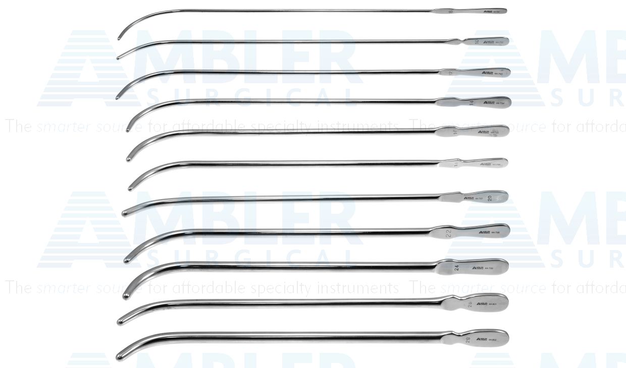 Van-Buren urethral sound, 11'', curved, set of 12 includes size 8 French to 30 French (44-791, 44-792, 44-793, 44-794, 44-795, 44-796, 44-797, 44-798, 44-799, 44-801, 44-802 and 44-803)