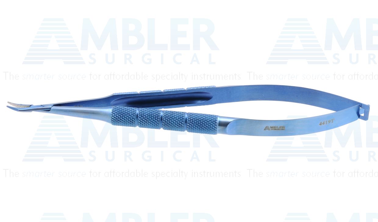 Barraquer needle holder, 5 1/8'',medium, gently curved, 9.0mm TC dusted jaws, round handle, without lock, titanium