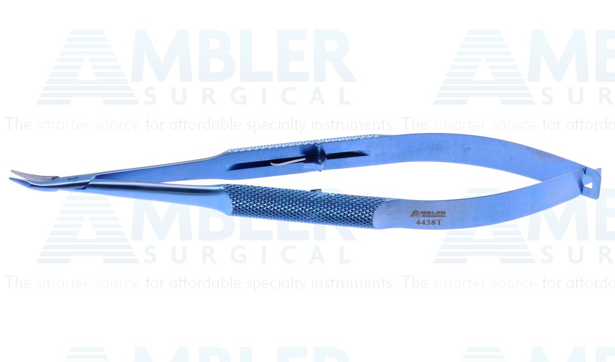 Barraquer needle holder, 5 1/4'',delicate, curved, tapered 9.0mm TC dusted jaws, round handle, with universal lock, titanium