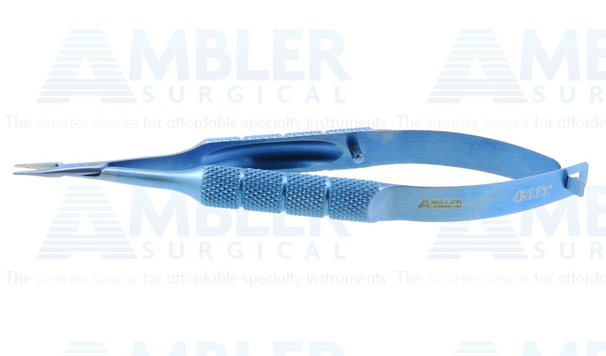 Barraquer needle holder, 4 1/8'',extra fine, straight 8.0mm TC dusted jaws, round handle, without lock, titanium