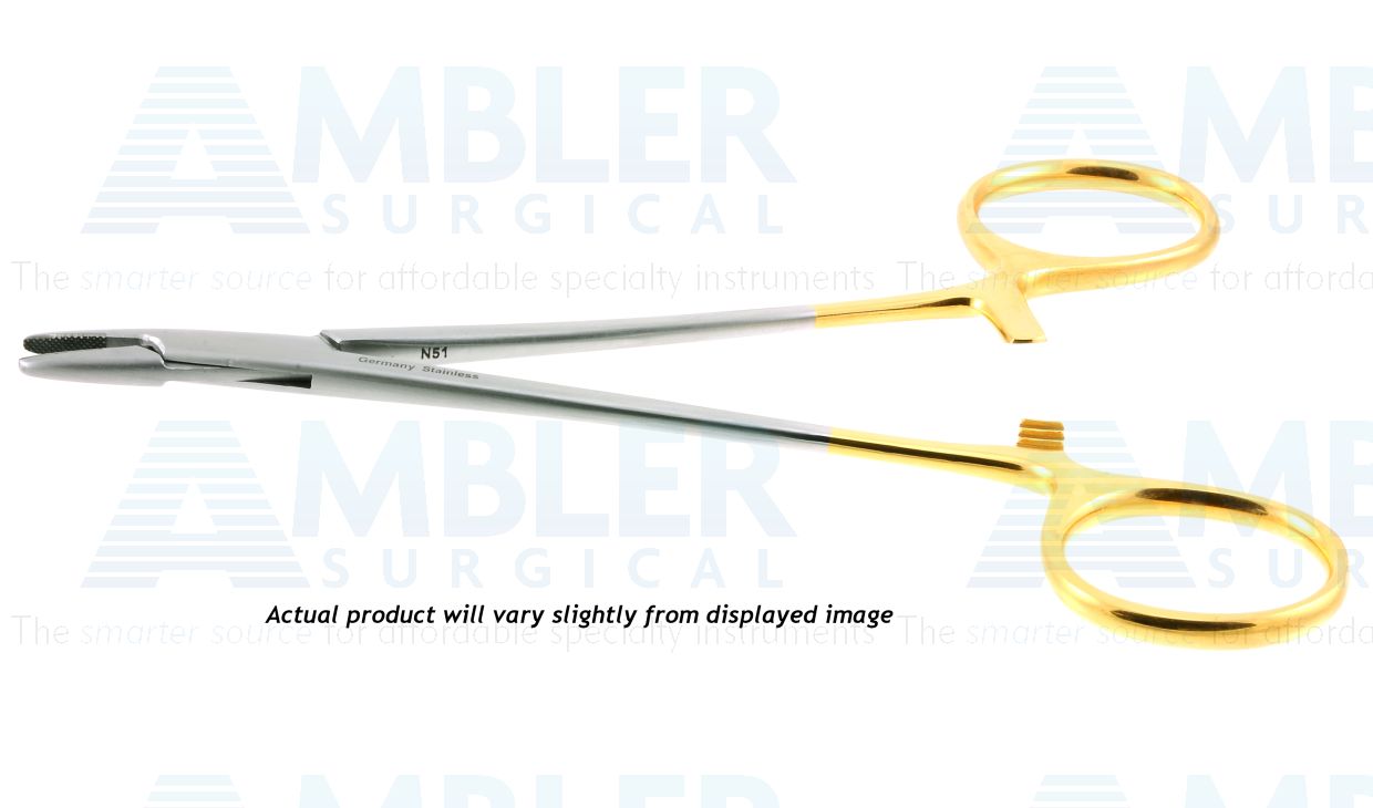 Baumgartner needle holder, 5'', straight, serrated TC jaws, gold ring handle, left handed