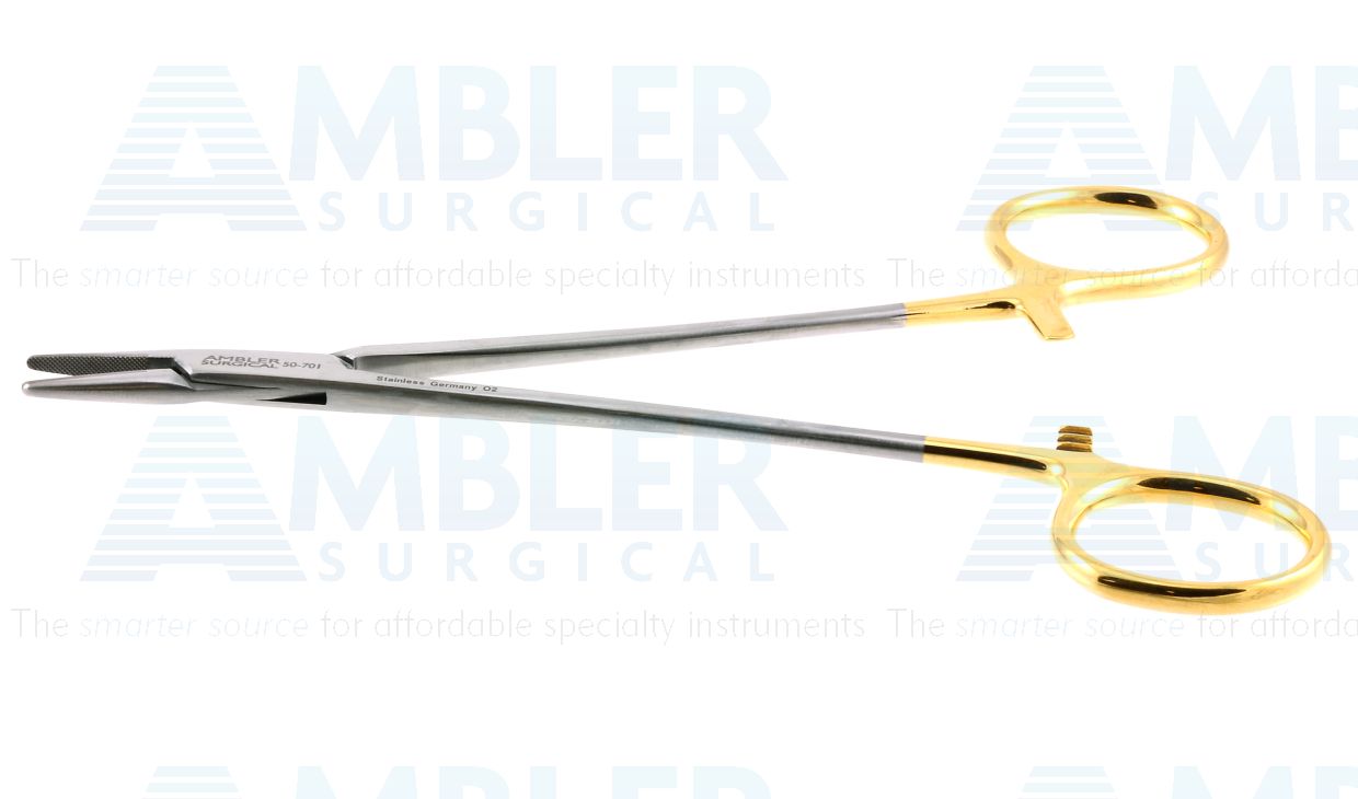 Crile-Wood needle holder, 6'',straight, serrated TC jaws, gold ring handle